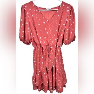 Coral pink mini dress, Small, white polka dots, puff sleeves, tiered, Flowy